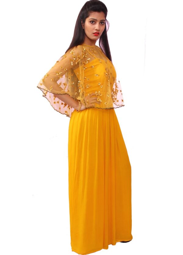 Yellow Pure Georgette Cape Gown - GetEthnic