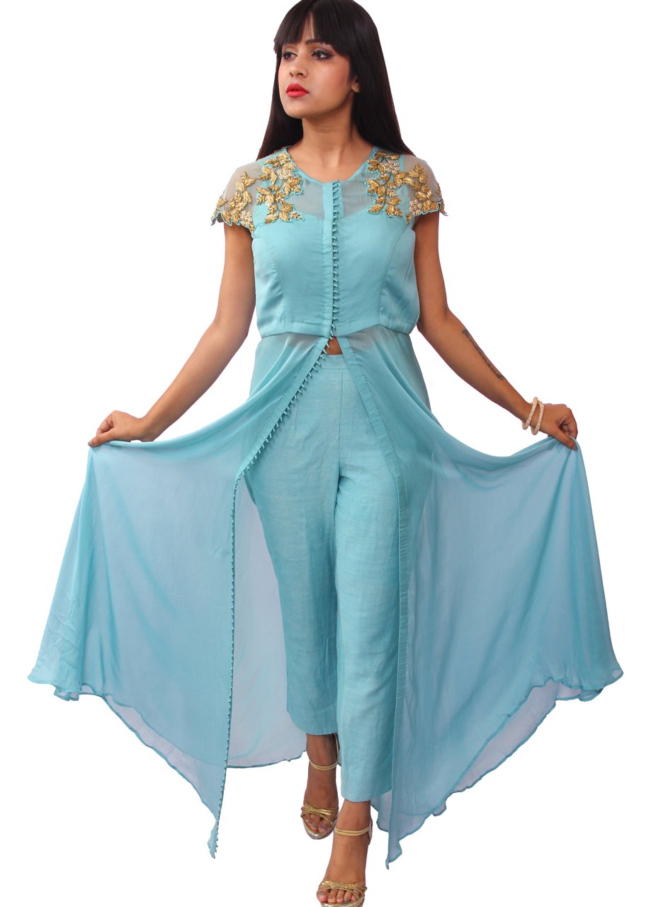 Aqua Blue Flat Chiffon Long Dress With Pants - GetEthnic