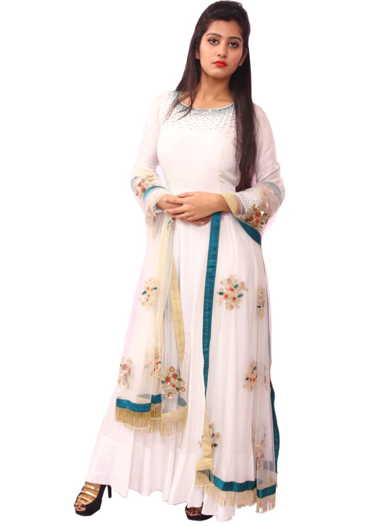 White Embroidered Silk Blend Anarkali Suit Set With Dupatta