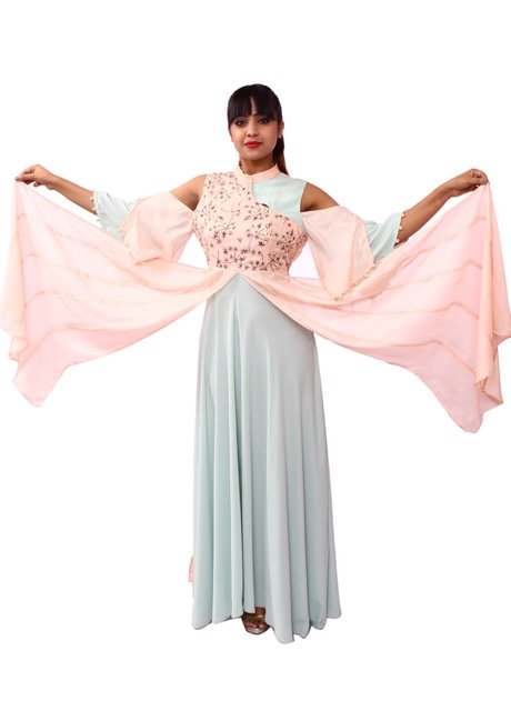 Peach And Mint Green Glazed Satin And Royal Georgette Gown - GetEthnic