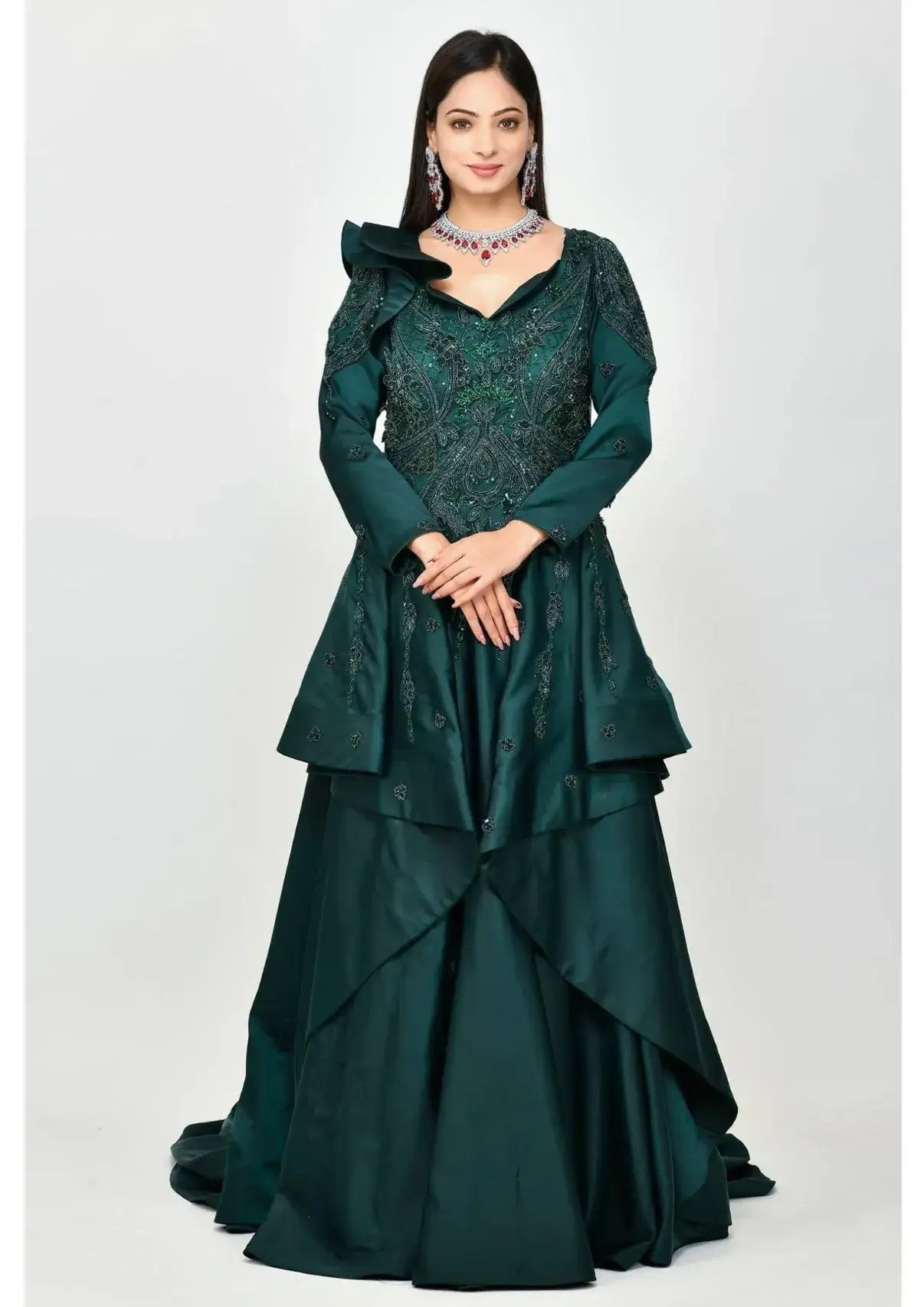 Bottle Green Gown with Embroidered Bodice & 3D Shoulder Detail - Seasons  India