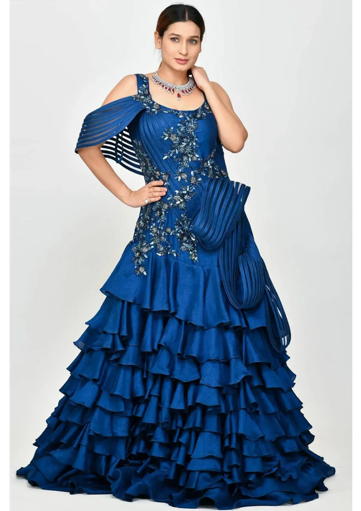 Cobalt Blue Floral Embroidery Structured Tiered Ruffle Gown - GetEthnic