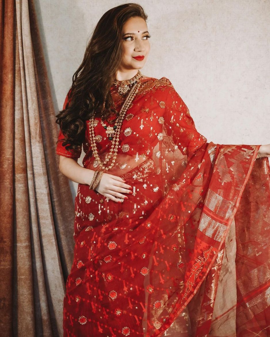 A Red & Gold Dhakai Jamdani