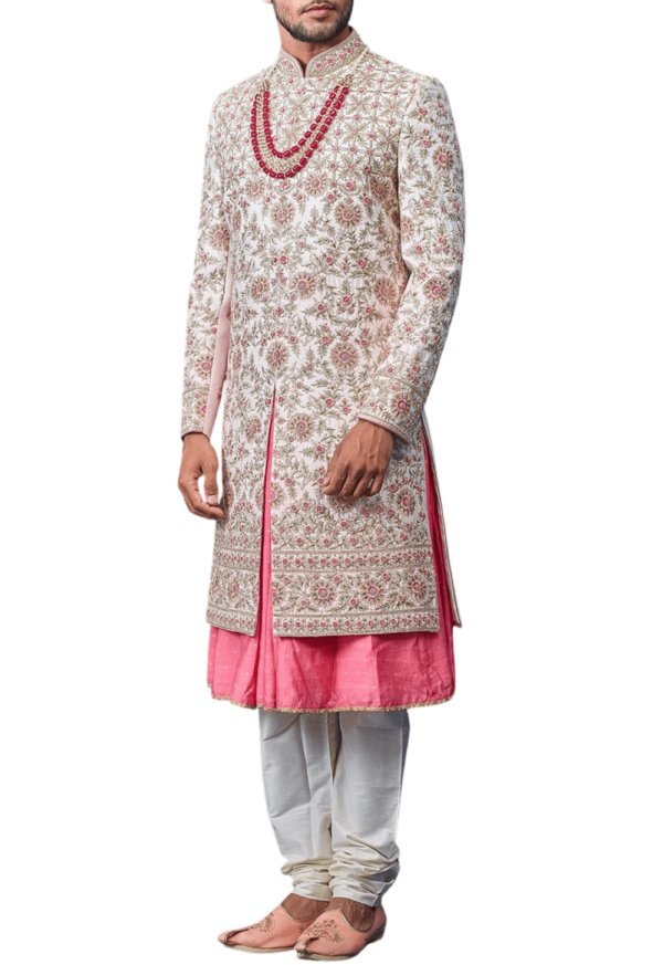 Royal Floral Three-Layer Wedding Sherwani in White and Pink