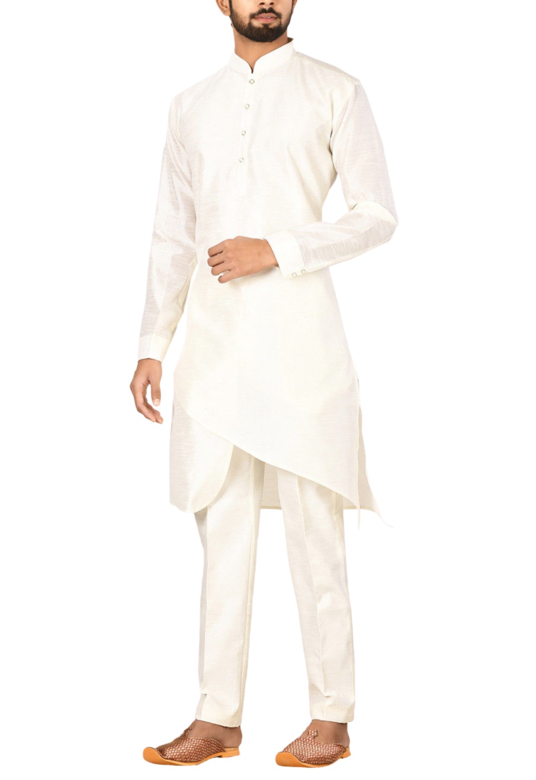Asymmetric kurta pajama set in cream color - GetEthnic