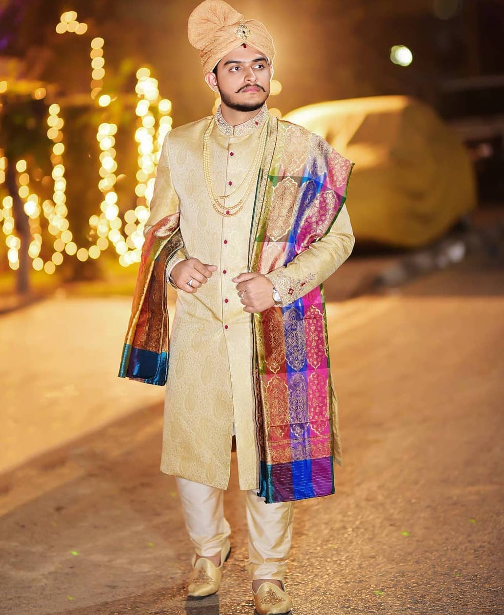 With a Colorful Stole - Golden Sherwani