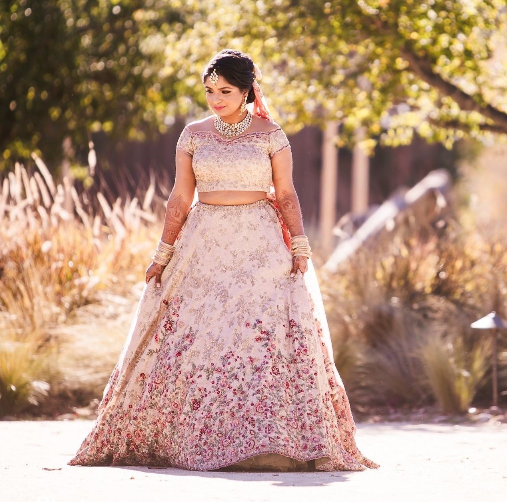 Lilac bridal lehenga with floral embroidery and minimal embellishments