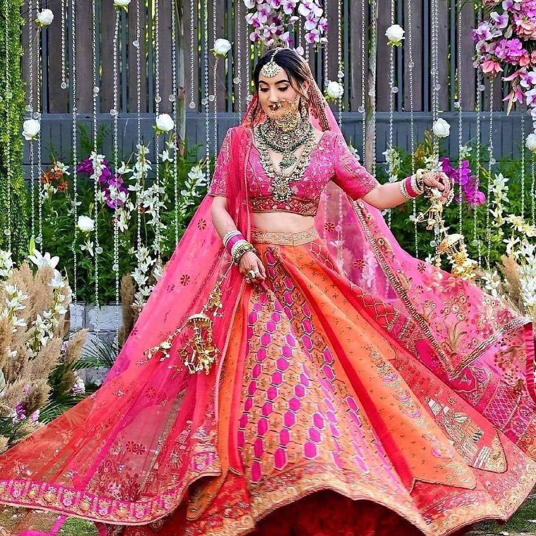 Reddish Pink Zardozi Embroidered with Threadwork Bridal Lehenga Set –  Khushboo Baheti
