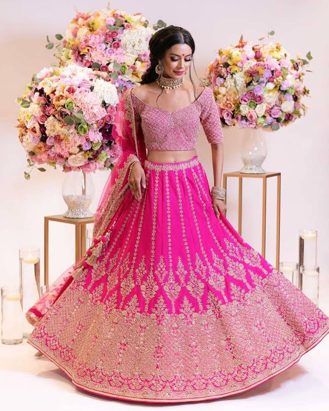 Pink Fit and Flare Lehenga Skirt with Off-Shoulder Blouse