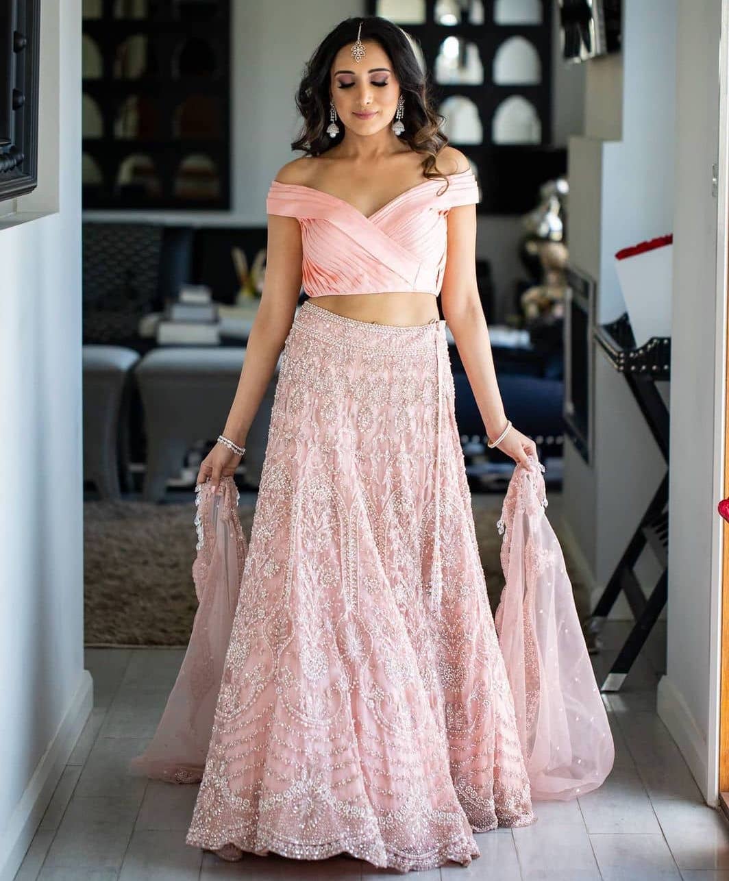 Off-Shoulder Blouse with Baby Pink Lehenga Skirt