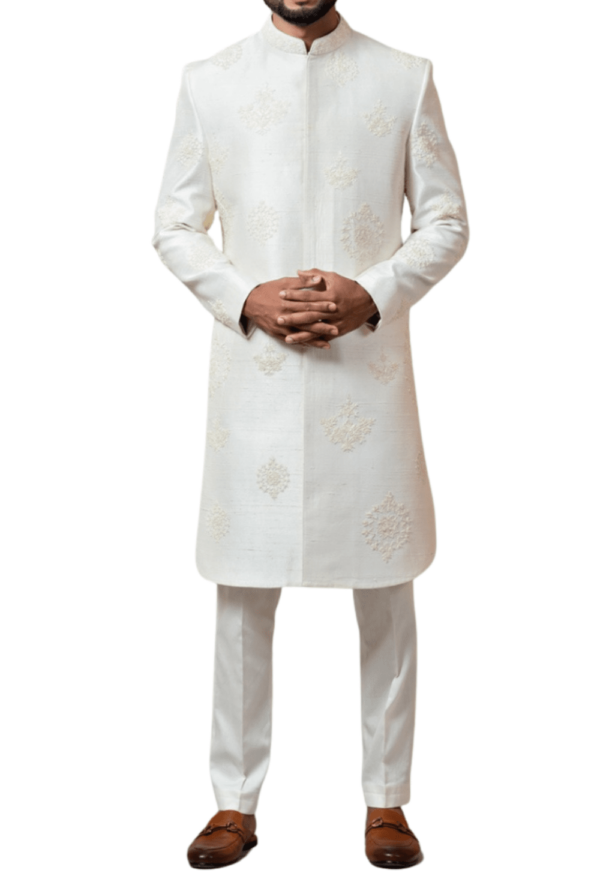 White Silk Sherwani with Traditional Embroidery - GetEthnic