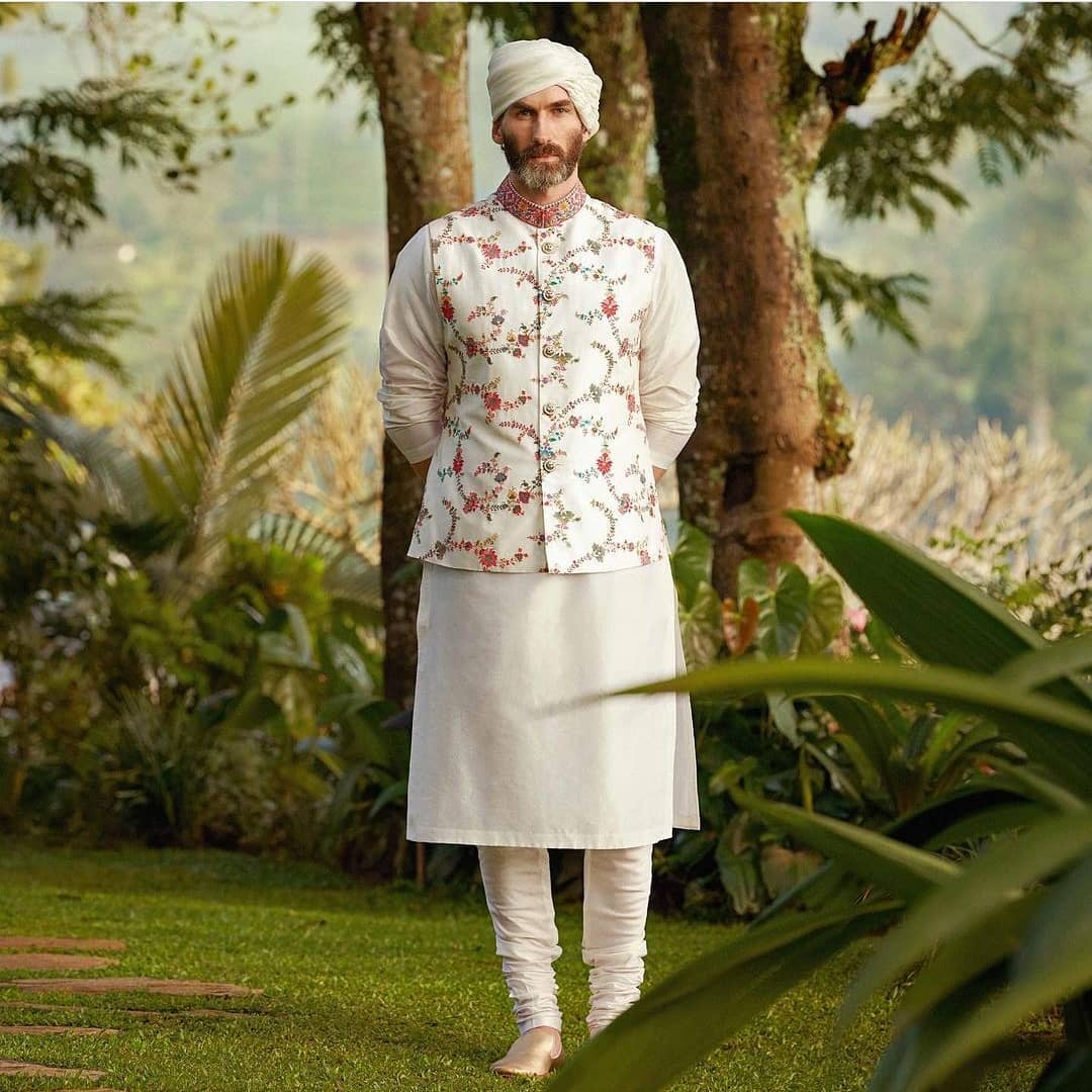 With a Floral Waistcoat - White Sherwani