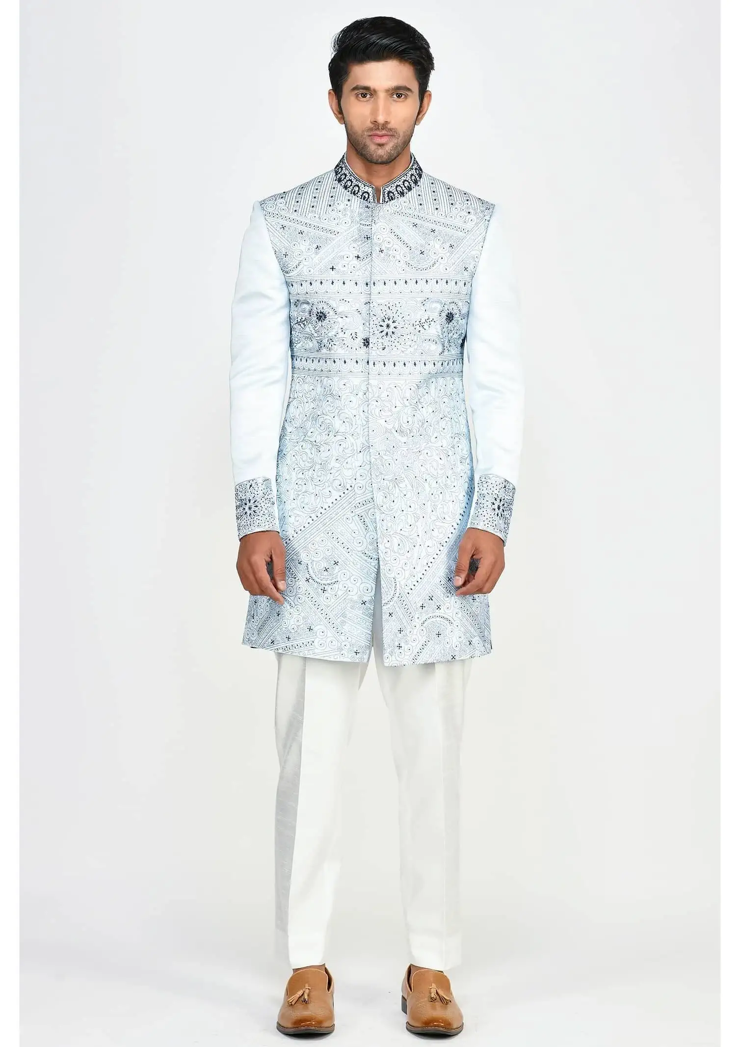 Navy Blue & White Jacquard Silk Jodhpuri Sherwani – GlamRoad
