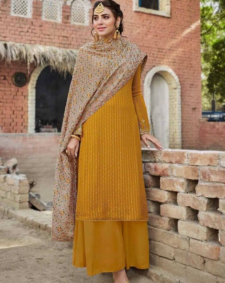 Dupatta New Yellow Suit Kurta Beautiful Indian Wedding Dress Readymade Sharara 