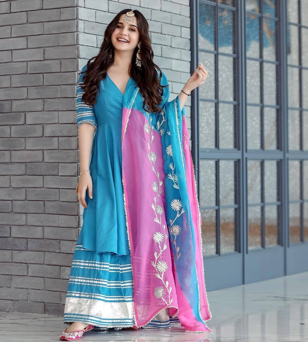 Turquoise and Pink Silk Sharara Suit