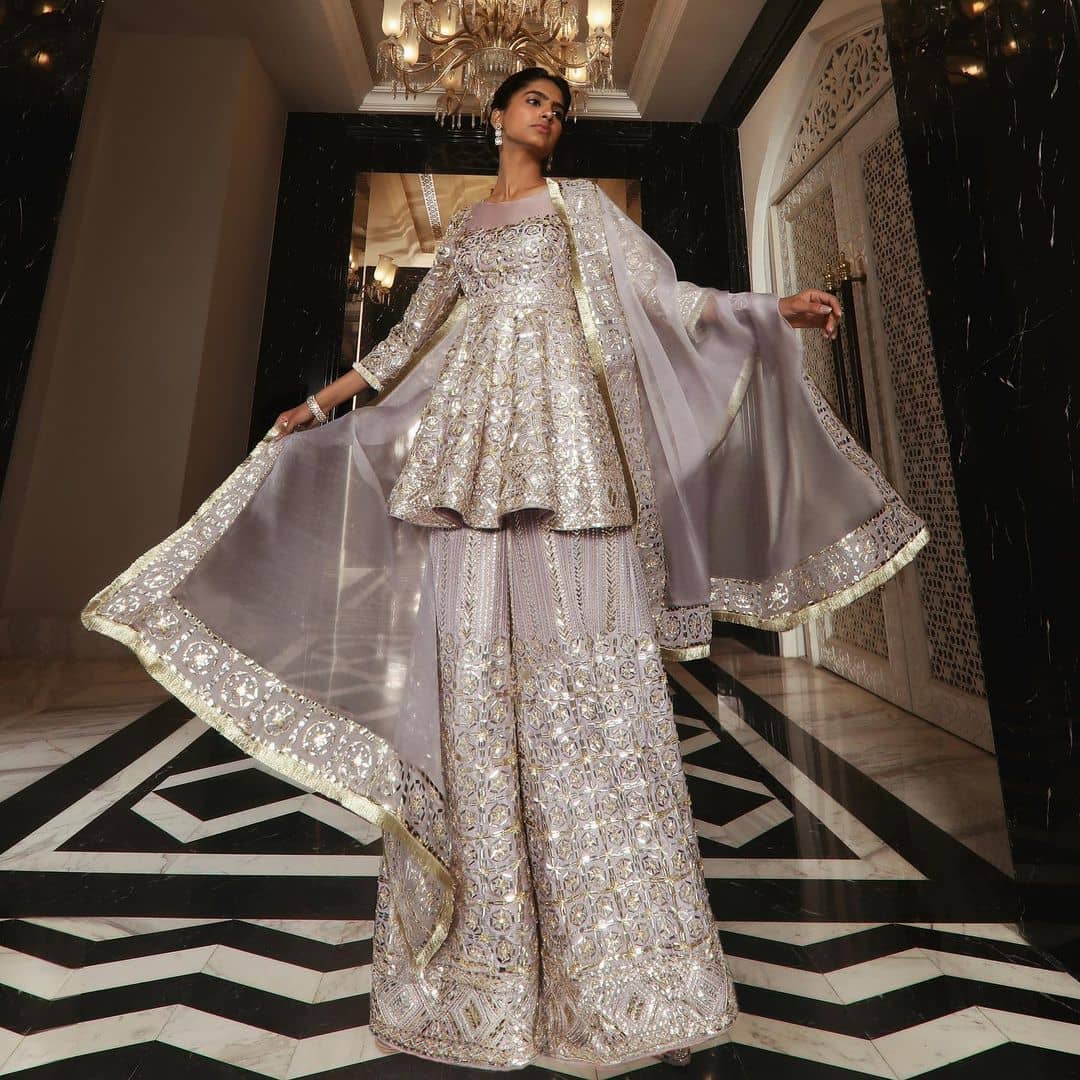 Rose Gold Bridal Sharara with Short Shirt Dress in Tissue – Nameera by  Farooq