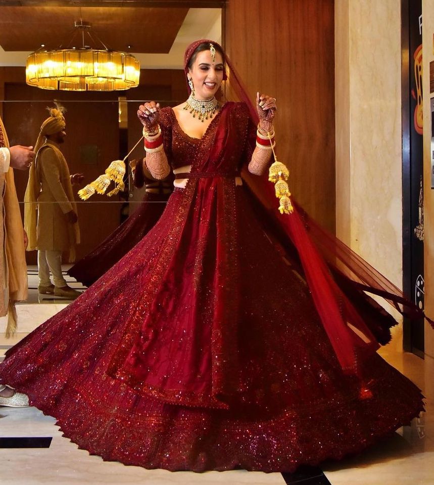 Doll it up with pure maroon bliss lehenga