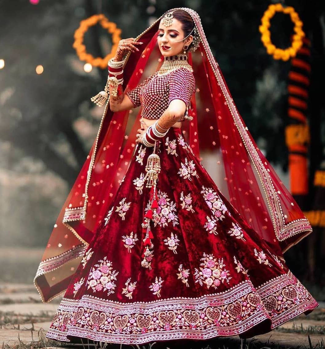 Wedding Lehenga Choli in Maroon Velvet with Heavy Embroidery With Hand Work  UK - LC4335