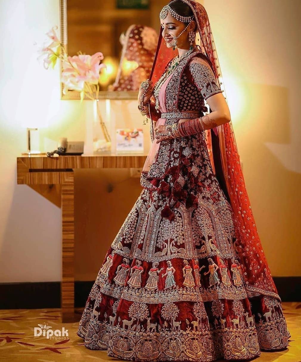 Stunning Maroon Velvet Bridal Lehenga Choli for an Elegant Wedding Loo –  FOURMATCHING