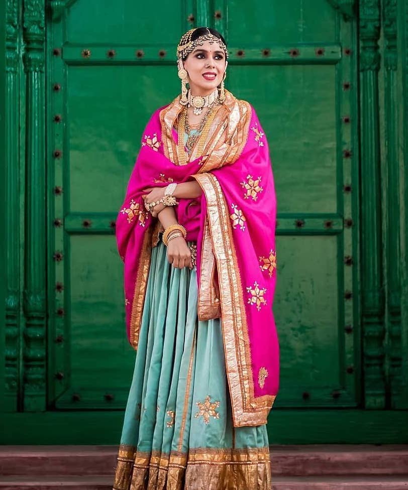 Turquoise And Pink Embroidery Lehenga Saree -