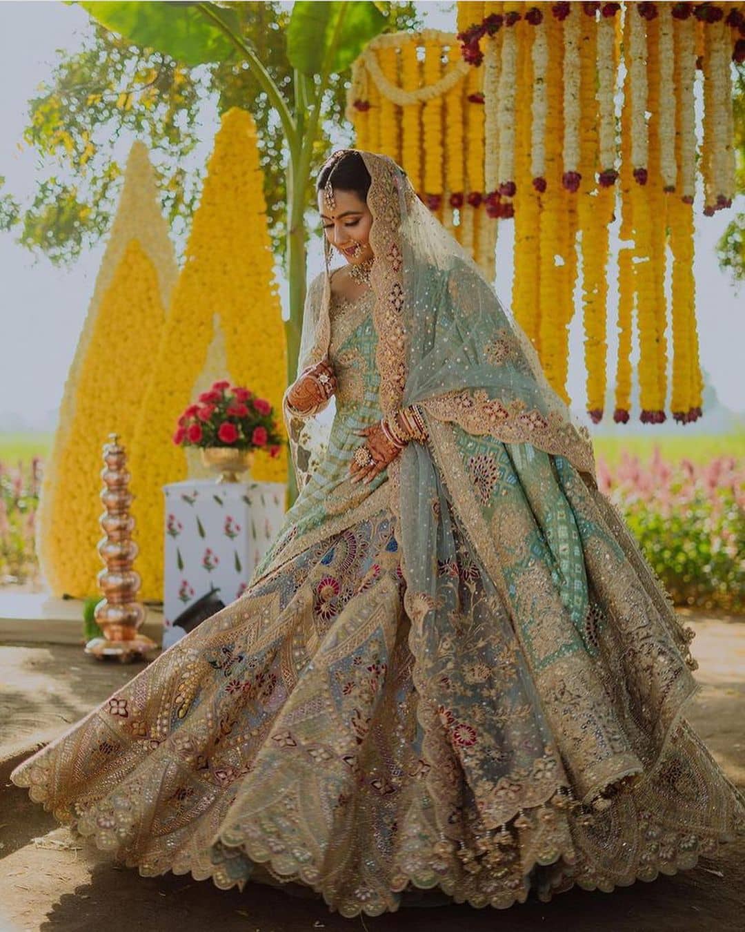 Buy Blue Raw Silk Embroidered Zardozi Taara Bloom Work Bridal Lehenga Set  For Women by Mrunalini Rao Online at Aza Fashions.