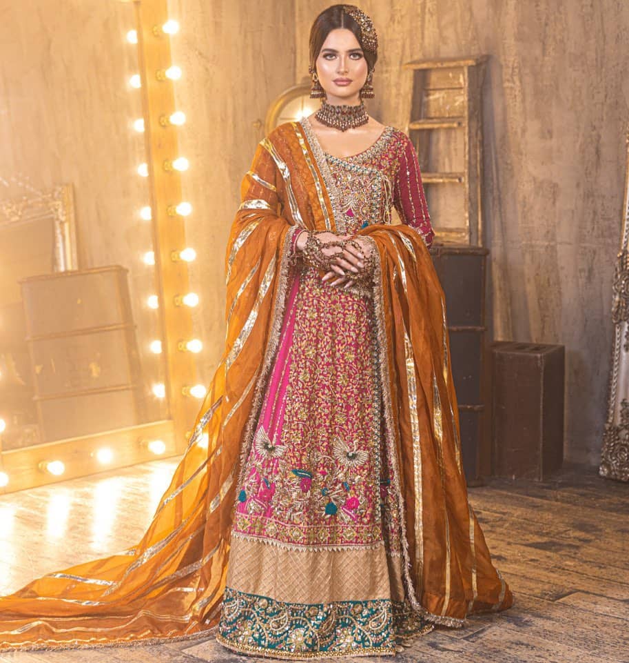 Metallic Magenta Pakistani Bridal Lehenga Gown