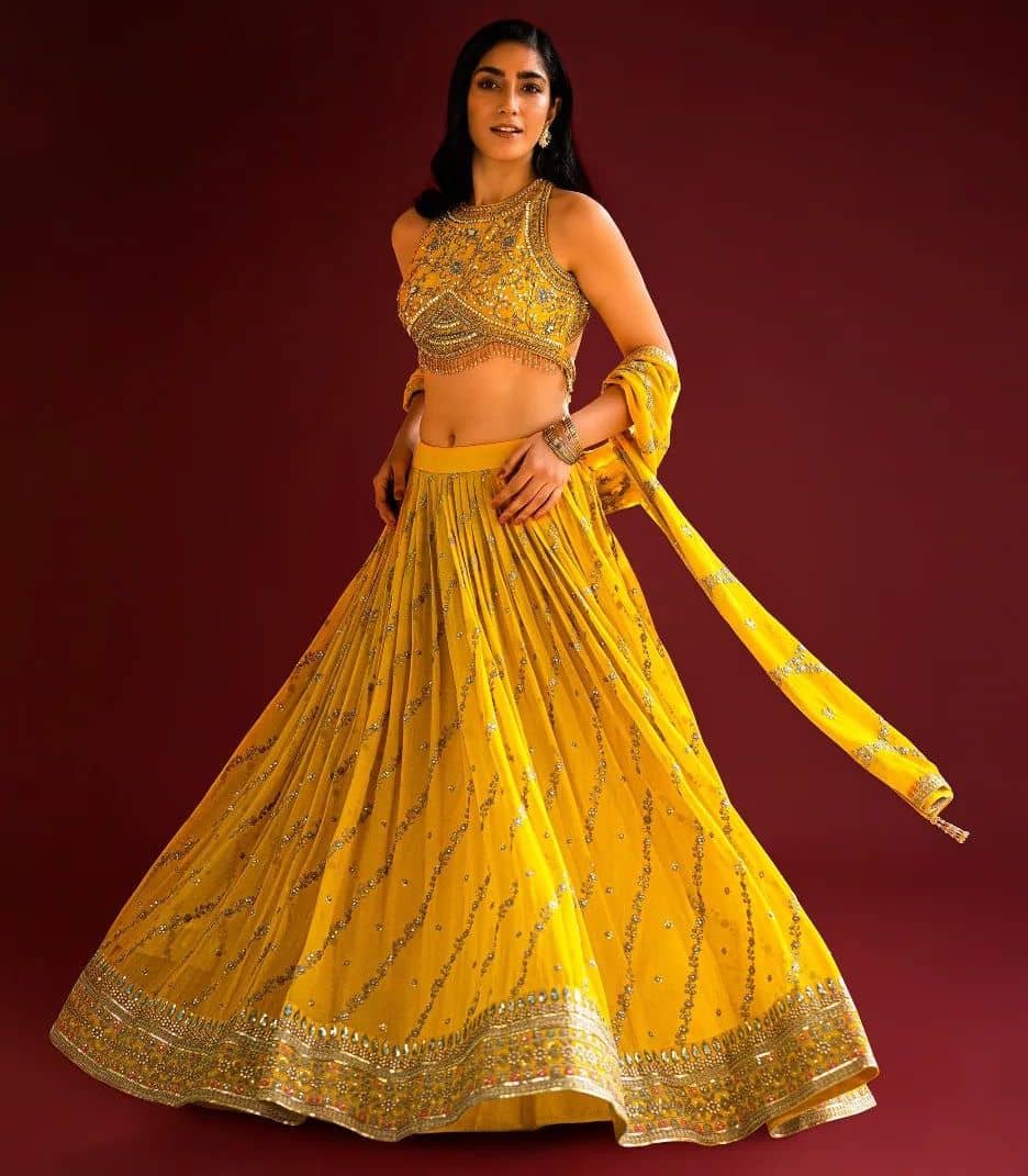 Kanchipuram Silk Brocade Yellow Lehenga With Organza And Tussar Fusion |  Kankatala