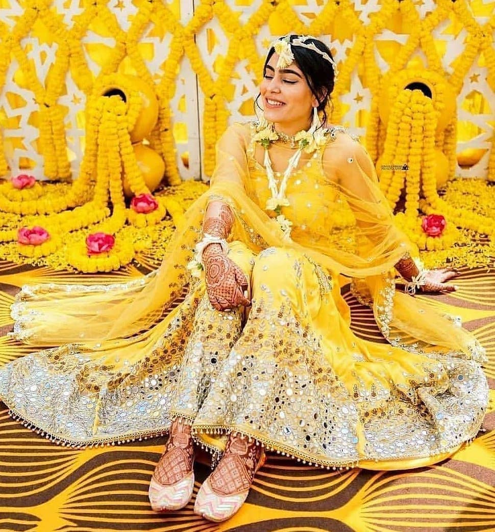 Mirror and Zari Yellow bridal lehenga