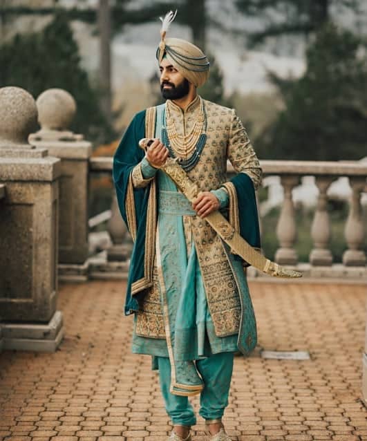 Teal and Gold Belted Sherwani