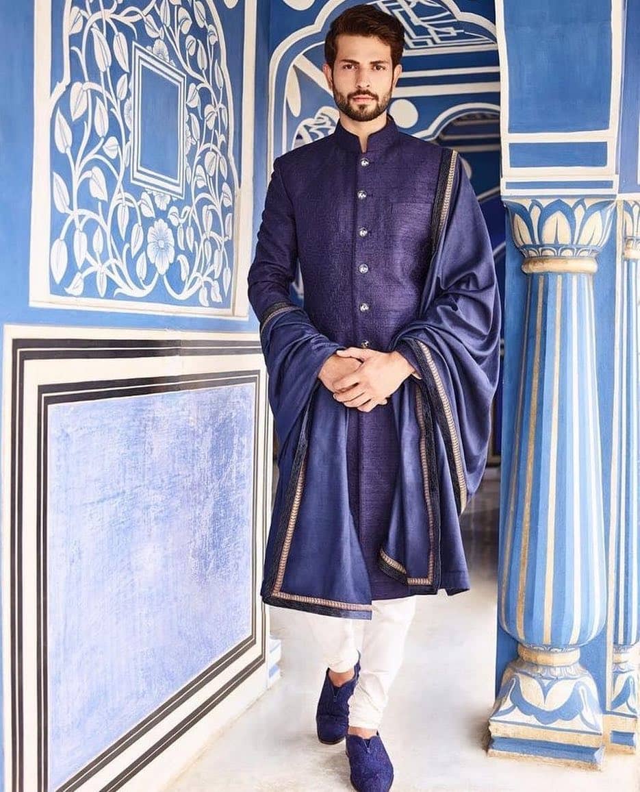 Textures and Shades in Blue Sherwani for Indian Grooms