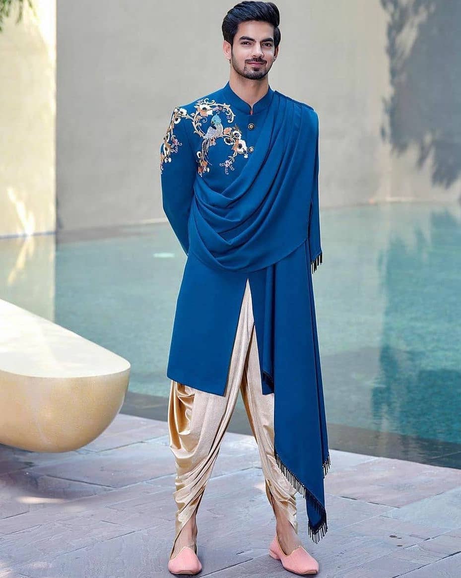 Photo of Asymmetric Sherwani with Embroidery and Dhoti Pants