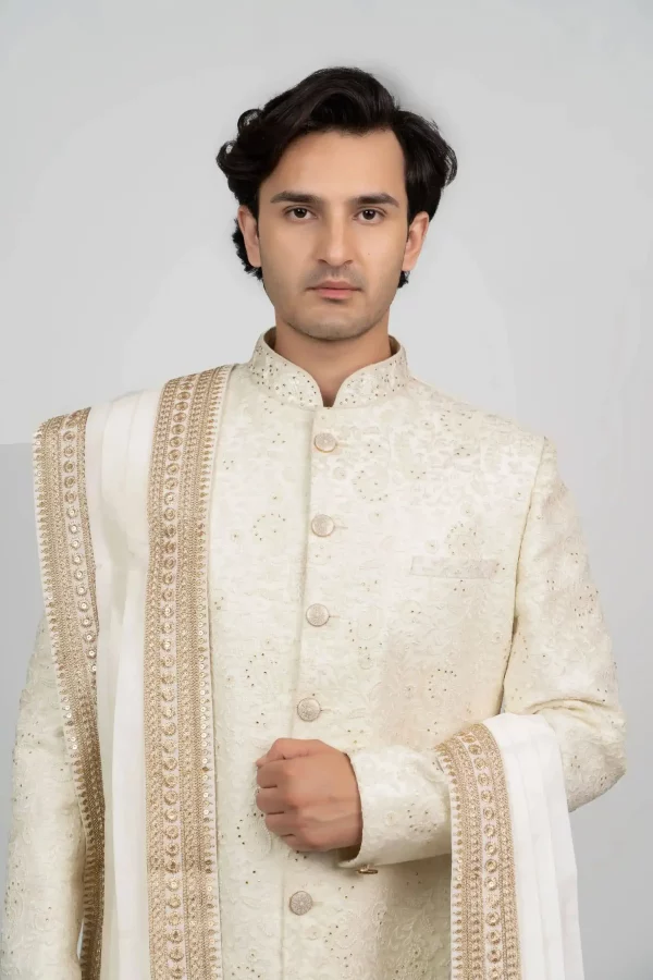 Ivory Sherwani set in Floral Self-toned Chikankari Embroidery with ...