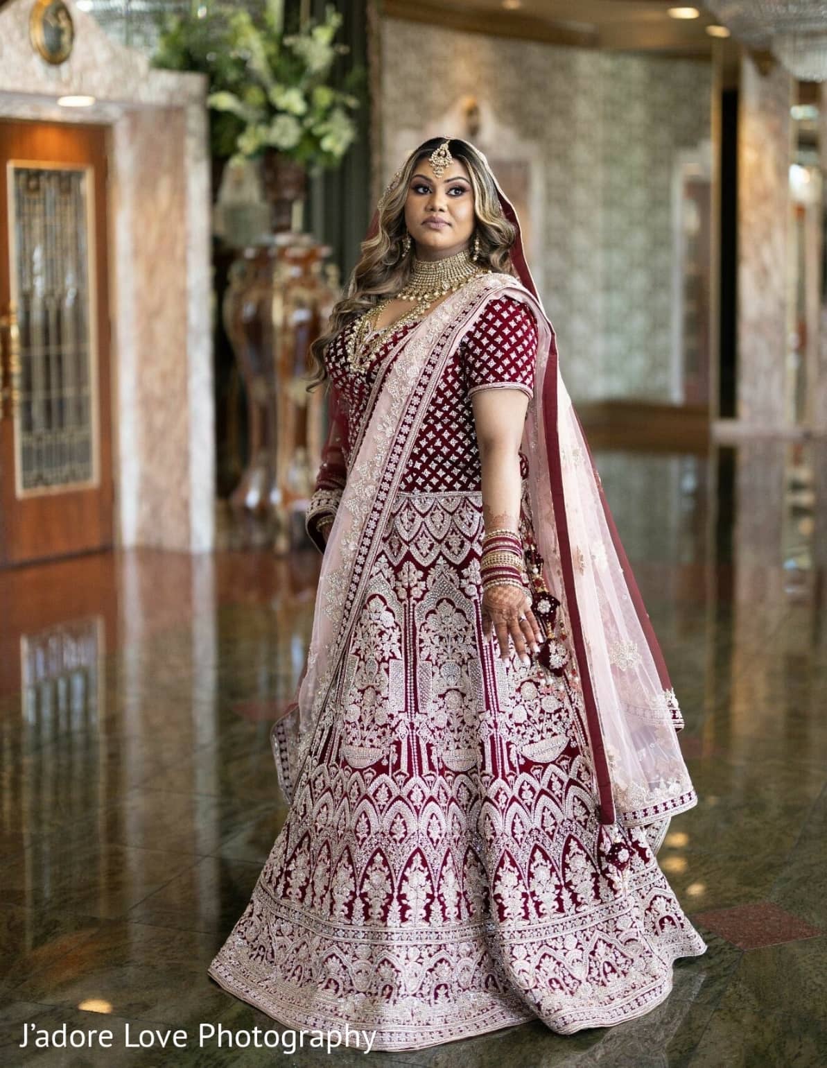 Wine and Pink lehenga worn by Indian Bride in US