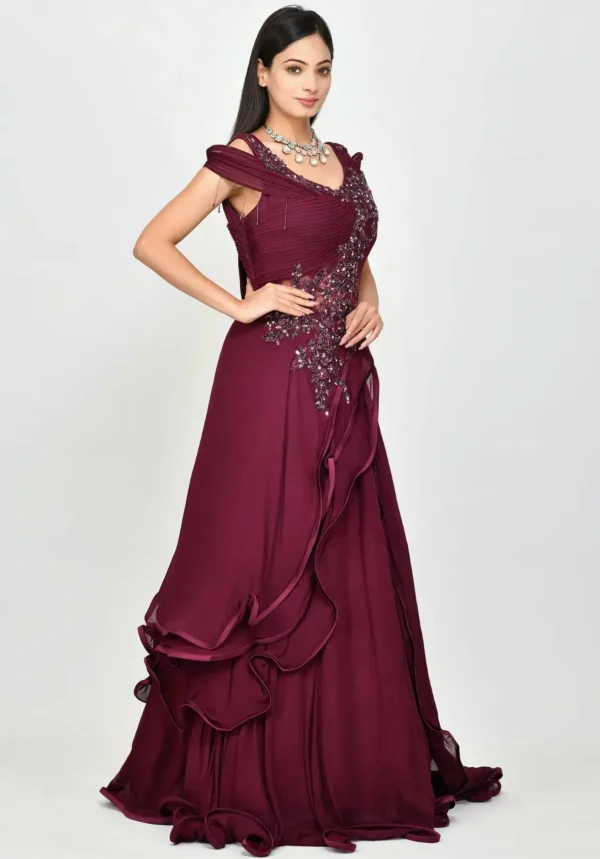 Wine Floral Embroidery Structured Gown - GetEthnic
