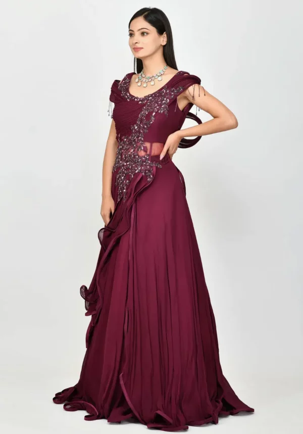 Wine Floral Embroidery Structured Gown - GetEthnic