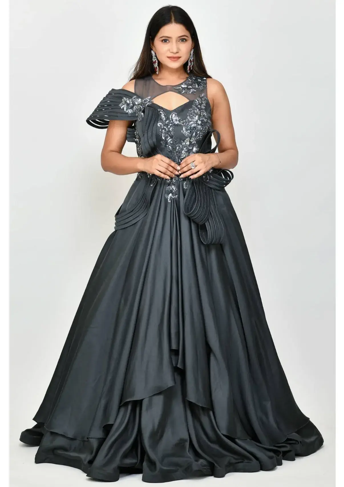 Off Shoulder Gray Lace long Prom Dress, Grey Tulle Lace Formal Dress, –  abcprom