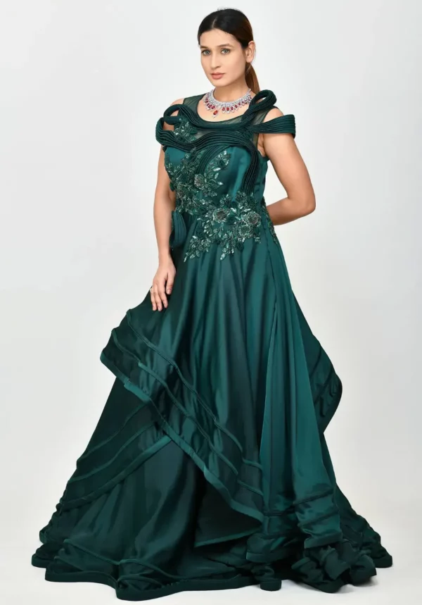 Bottle Green Embroidered Structured Layered Gown - GetEthnic