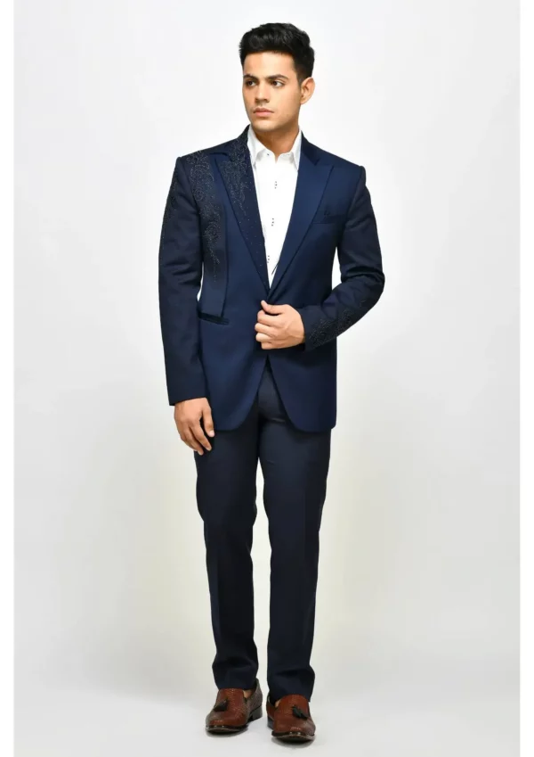 Dark Blue Embroidered Suit Set with white shirt - GetEthnic