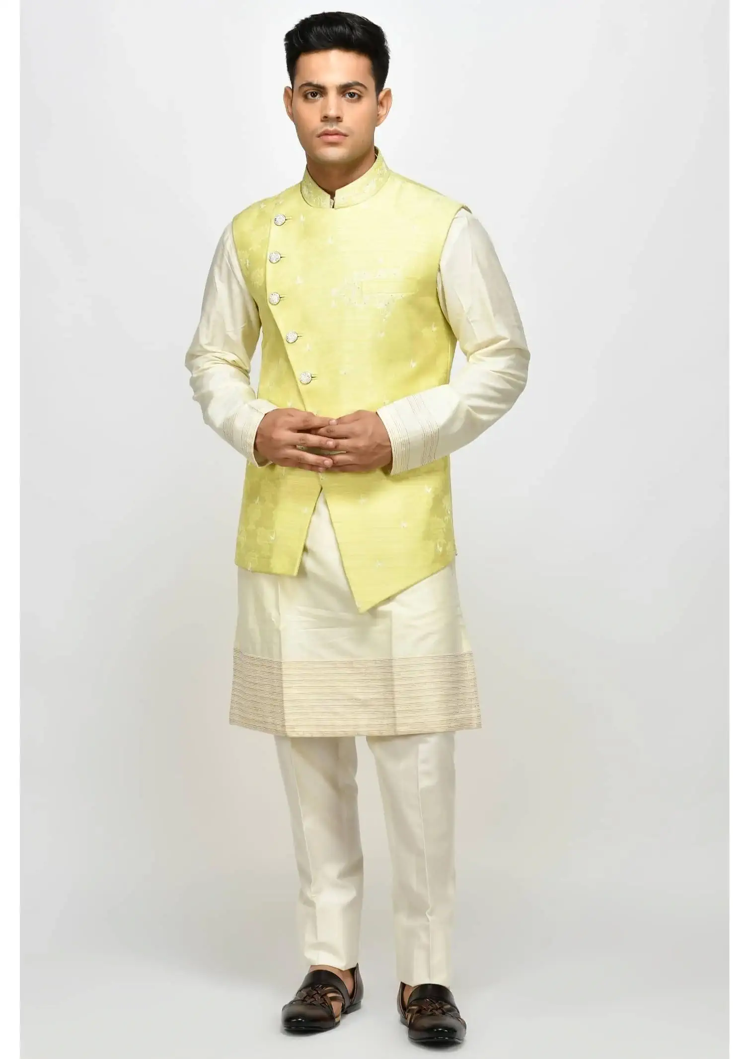 Fluorescent Yellow and White Embroidered Ethnic Jacket with Kurta and ...