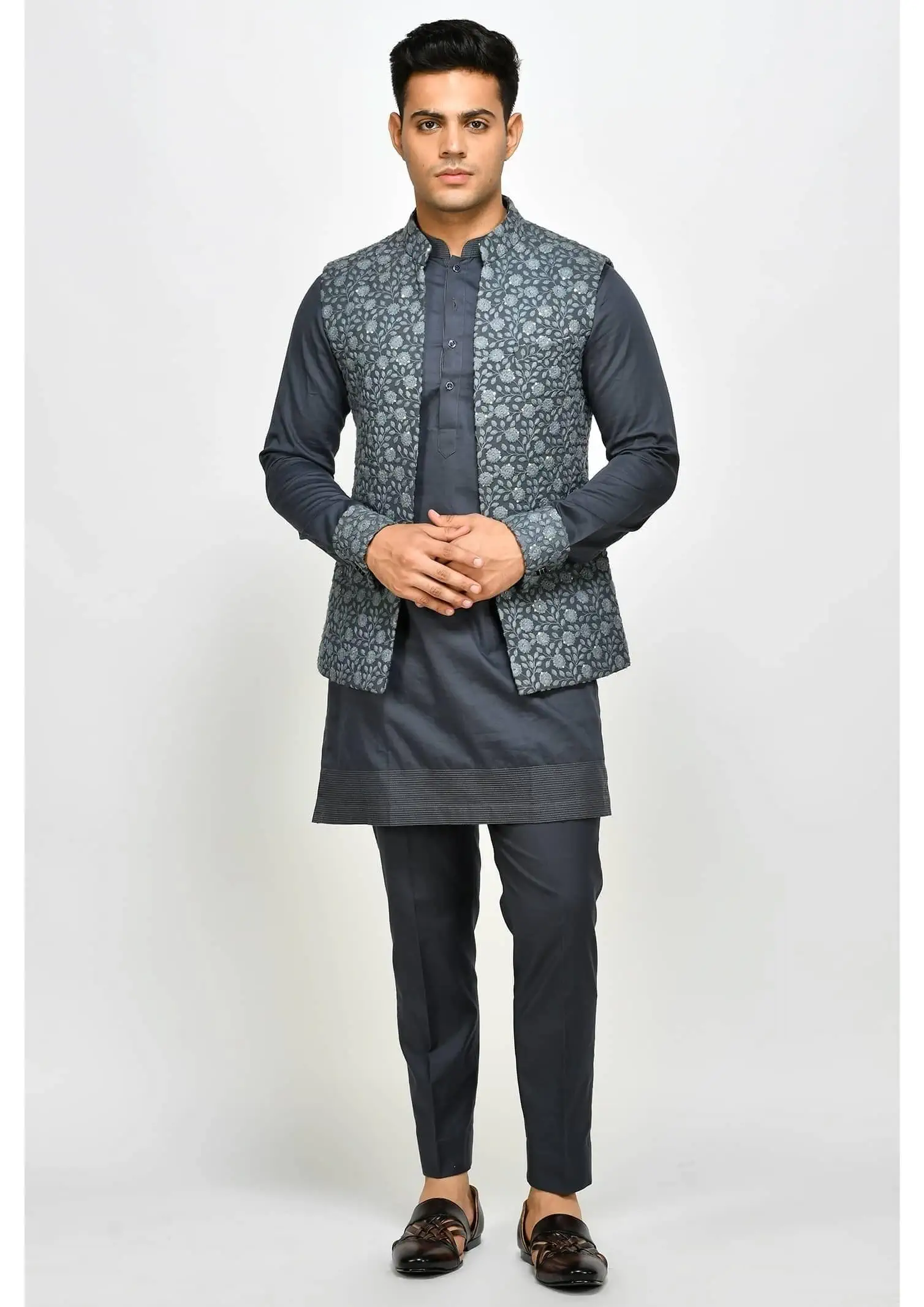 Buy Navy Blue Readymade Wedding Wear Kurta Trouser With Printed Jacket  Online From Wholesalez