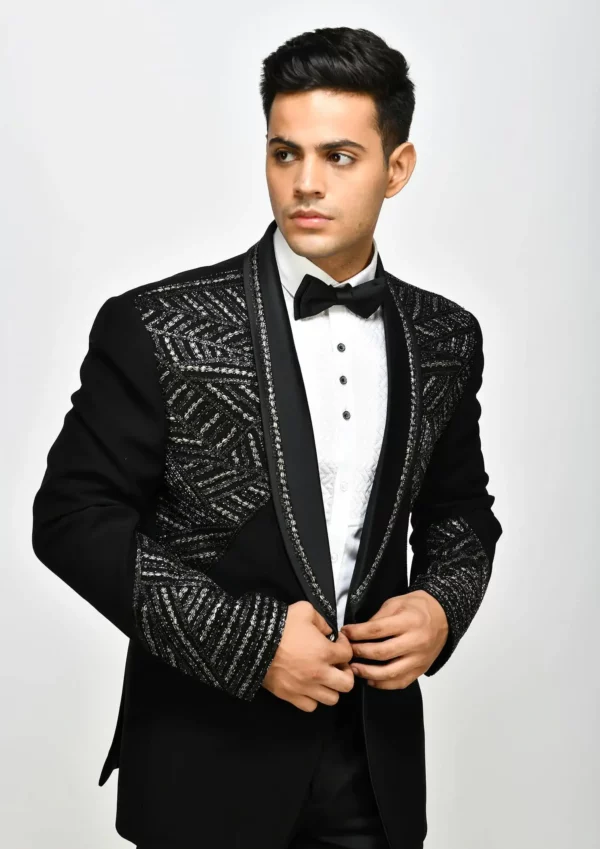Textured Matte Black Dinner Jacket with Charcoal and Silver work ...