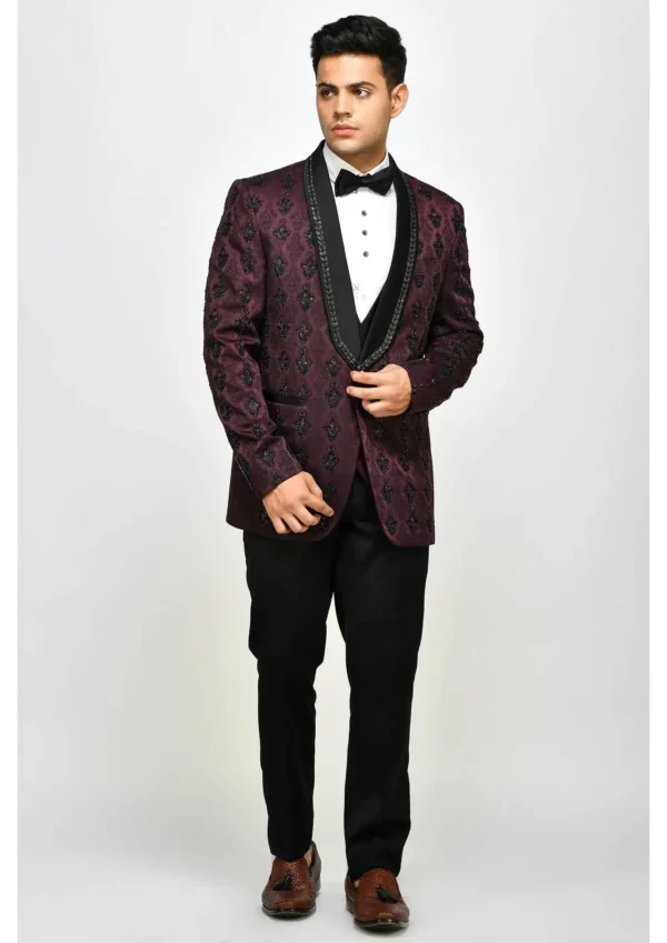 Black and light Maroon Embroidered Tuxedo - GetEthnic