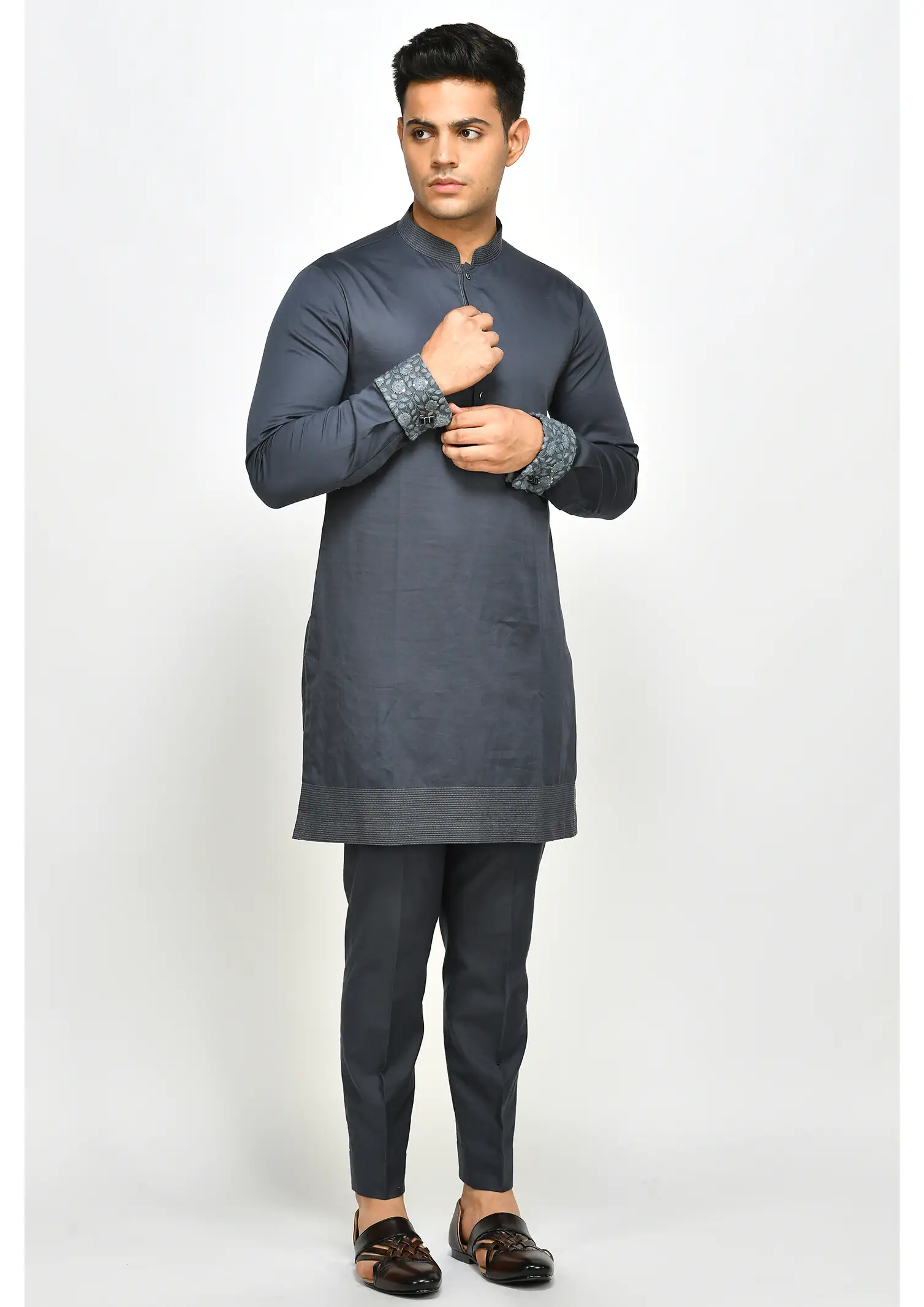 Deep Navy Blue embroidered Kurta with matching Trousers - GetEthnic