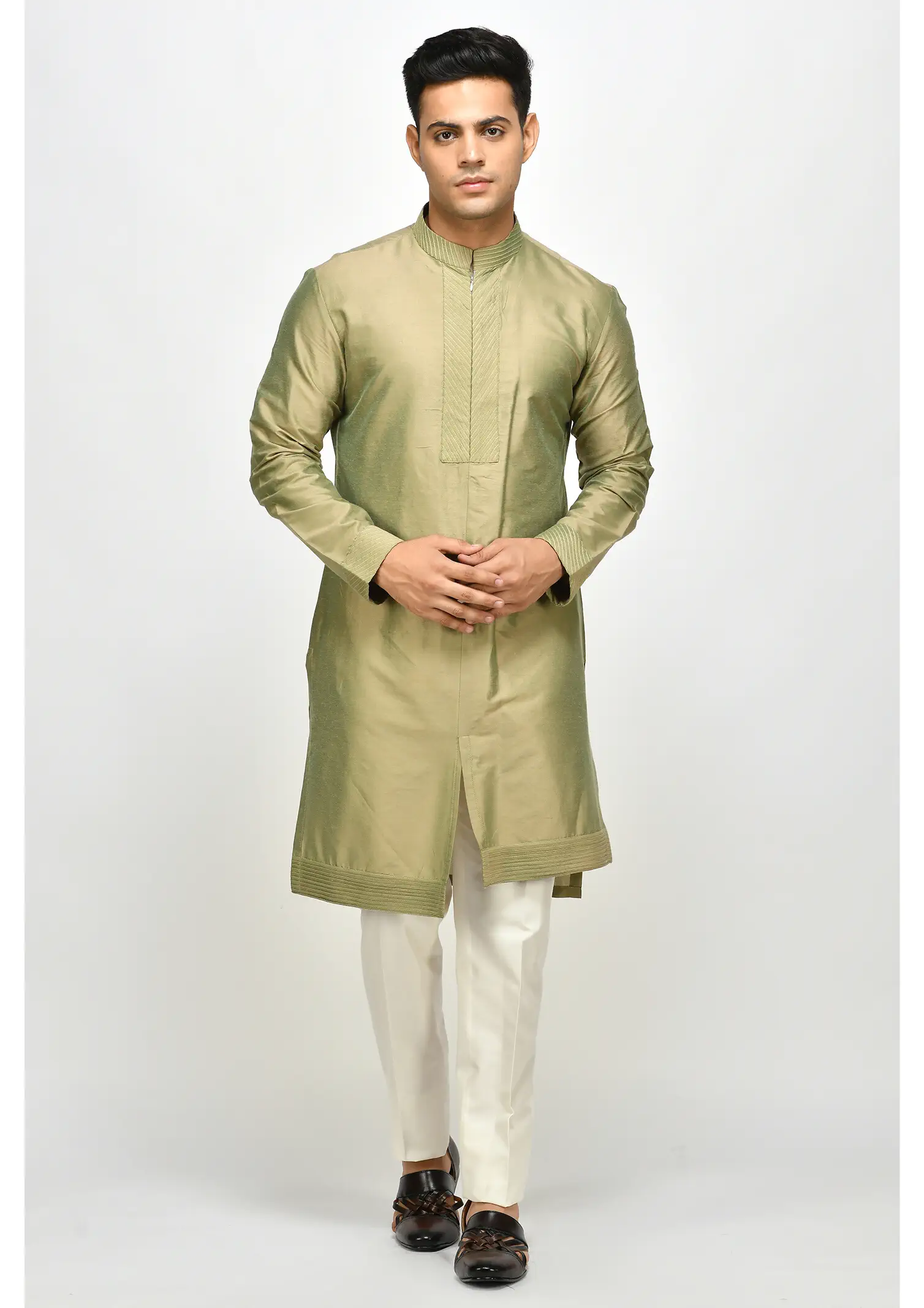 Up Down Olive Green Kurta with Ivory Trousers - GetEthnic
