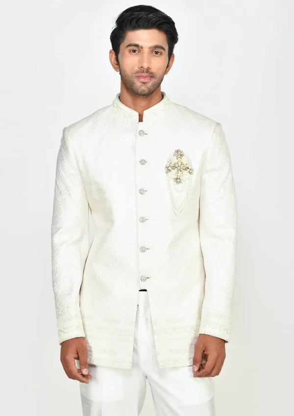 Ivory Embroidered Bandhgala Jacket with matching Pants - GetEthnic