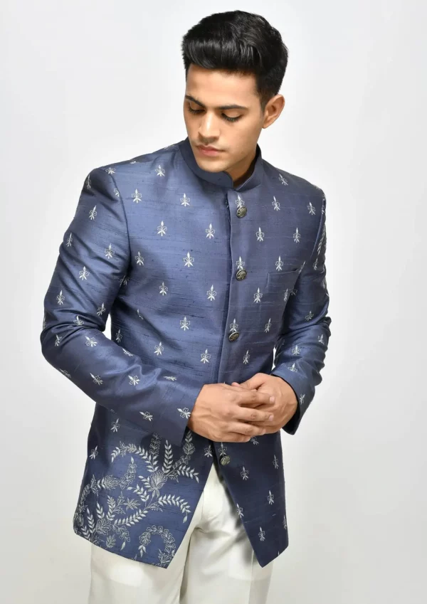 Pastel Blue and White Embroidered Indo Western Jacket with Trousers ...