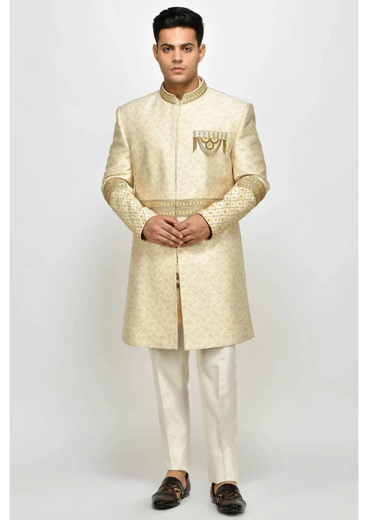 Buy Men Cream Embellished Slim Fit Ethnic Sherwani Trousers Set Online -  261265 | Peter England
