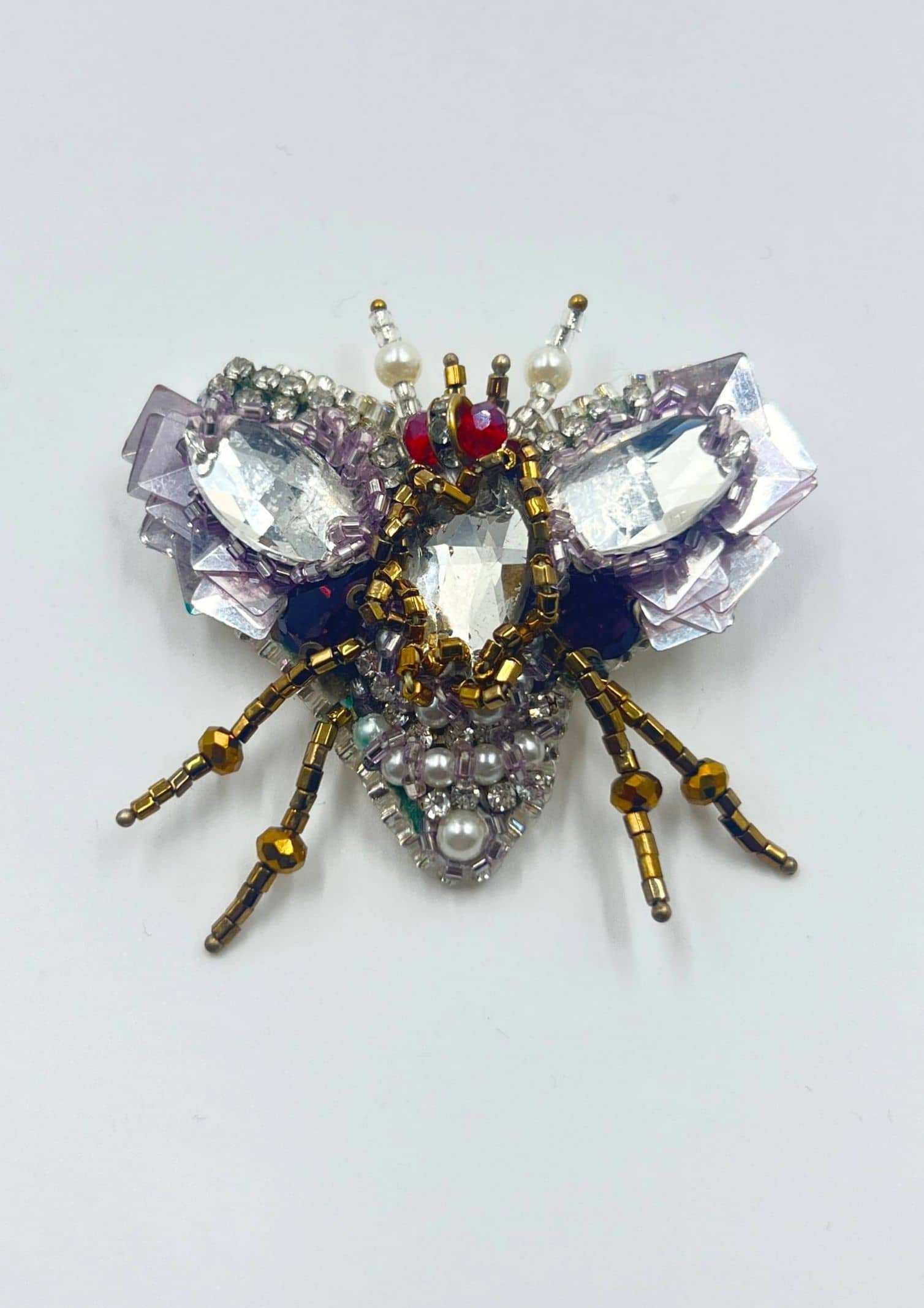 White Stone and Pearl Work Moth Shaped Brooch - GetEthnic