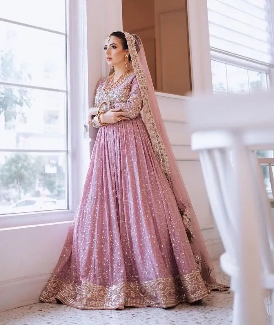 Buy Onion Pink Georgette Bridal Gown With Dabka,Sequins Prints