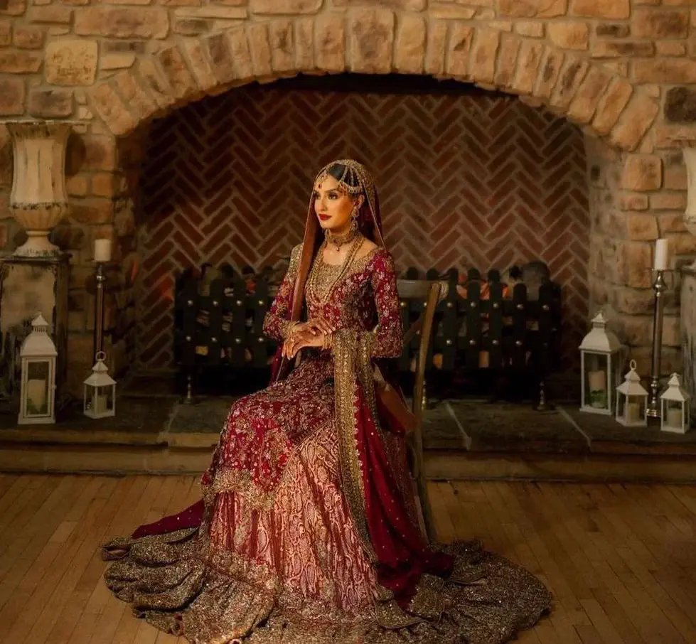 Pakistani Long Shirt Lehenga Bridal Dress in Red and Pink – Nameera by  Farooq